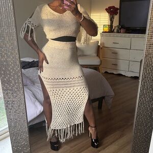 Fashion Nova Cream Knit Fringe Skirt Set